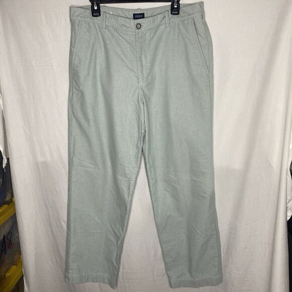 IZOD Pants Chino Flat Front Classic Straight Fit Cotton Casual Mens 36x30 Green - Picture 2 of 7